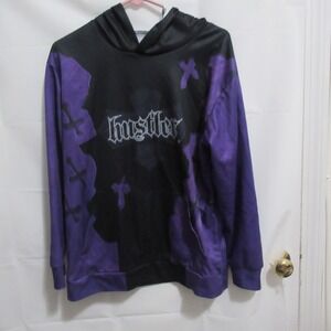 Hustler Men Purple Black Cross Graphic Hoodie Gothic Streetwear Sweatshirt xl ?
